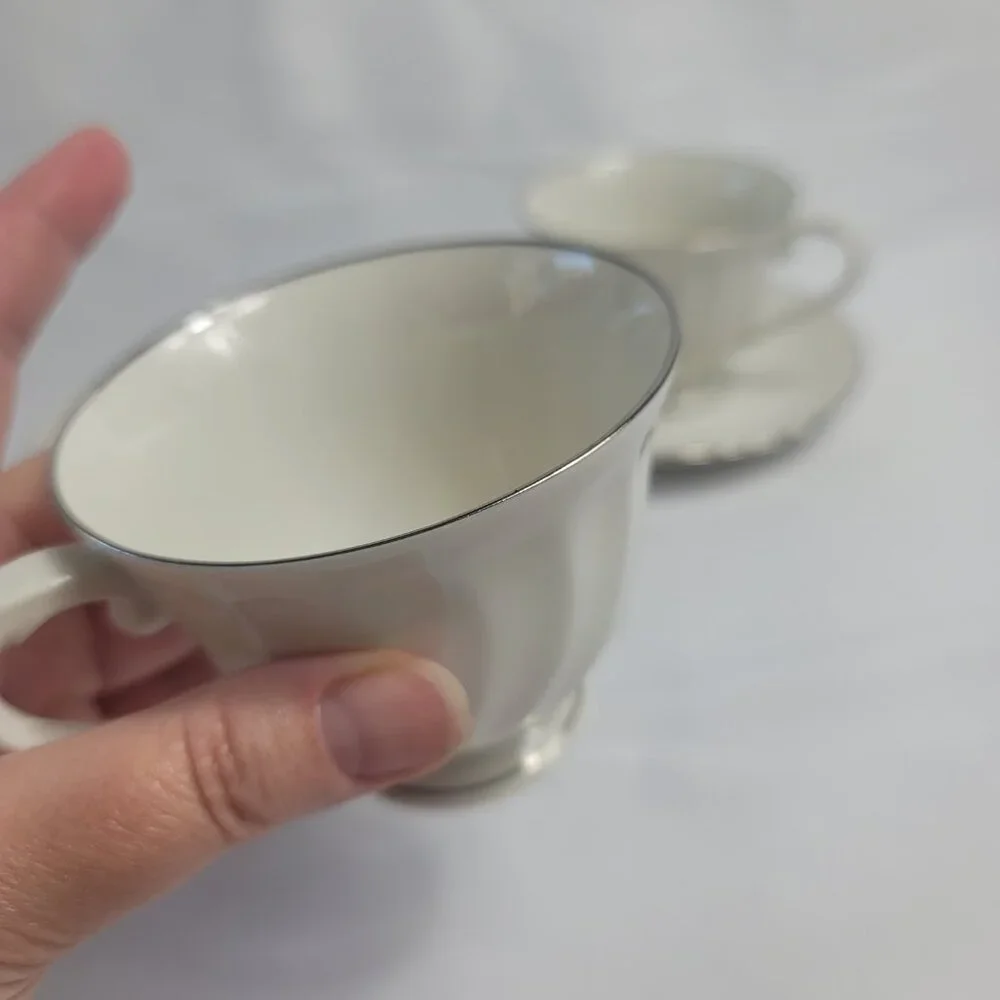 TWO Syracuse China Wedding Ring Cup & Saucer Sets White with Platinum Trim